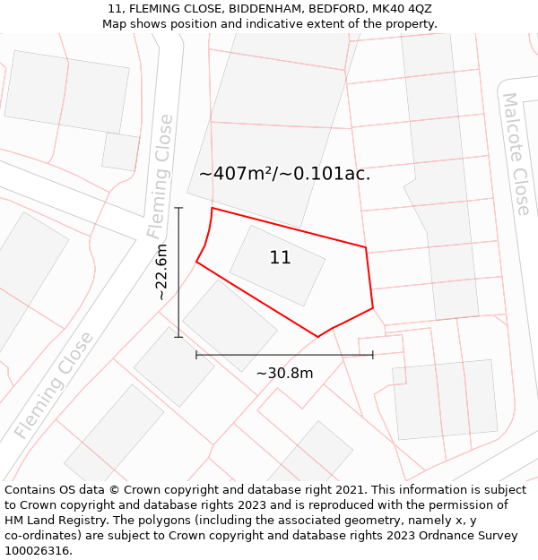 11, FLEMING CLOSE, BIDDENHAM, BEDFORD, MK40 4QZ: Plot and title map