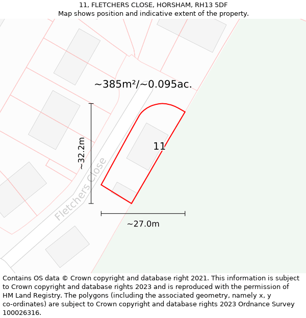 11, FLETCHERS CLOSE, HORSHAM, RH13 5DF: Plot and title map