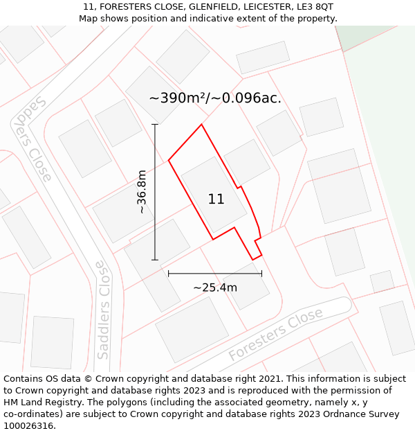 11, FORESTERS CLOSE, GLENFIELD, LEICESTER, LE3 8QT: Plot and title map