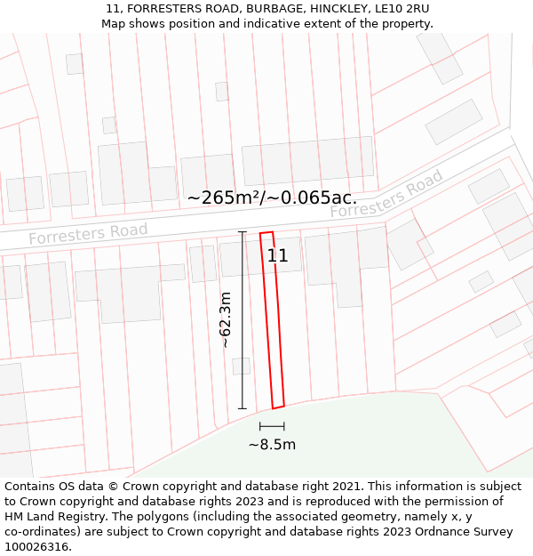 11, FORRESTERS ROAD, BURBAGE, HINCKLEY, LE10 2RU: Plot and title map