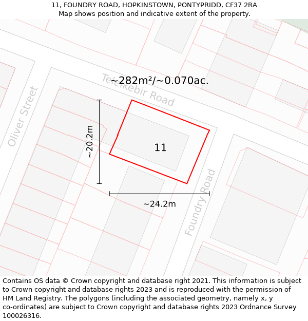 11, FOUNDRY ROAD, HOPKINSTOWN, PONTYPRIDD, CF37 2RA: Plot and title map