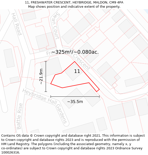 11, FRESHWATER CRESCENT, HEYBRIDGE, MALDON, CM9 4PA: Plot and title map