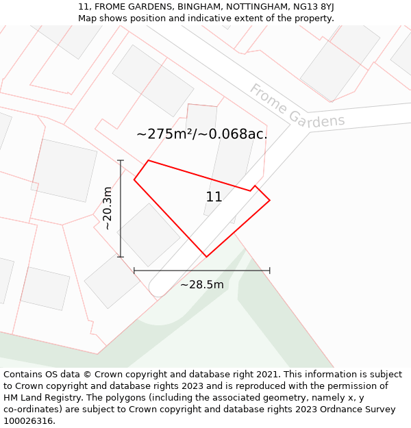 11, FROME GARDENS, BINGHAM, NOTTINGHAM, NG13 8YJ: Plot and title map