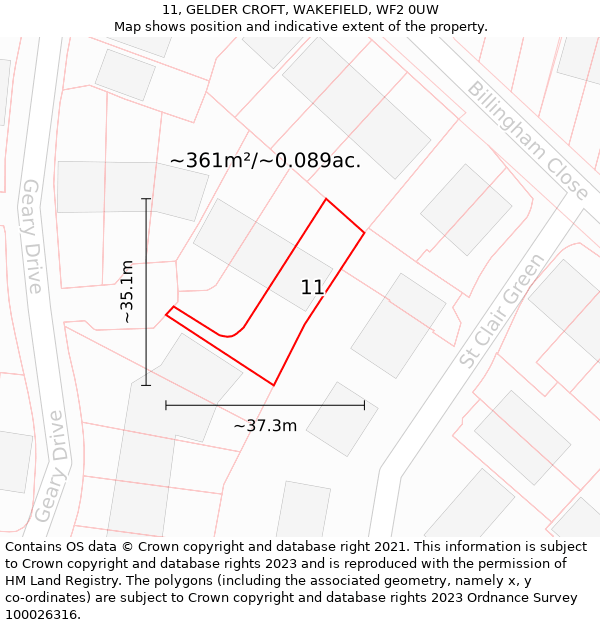 11, GELDER CROFT, WAKEFIELD, WF2 0UW: Plot and title map