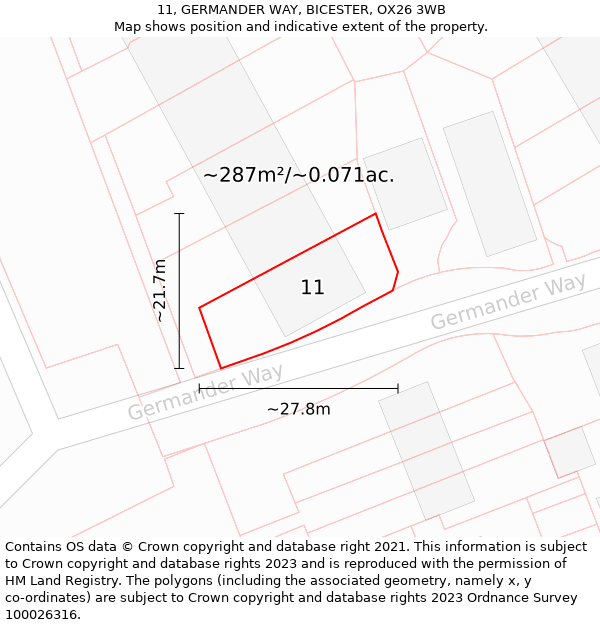 11, GERMANDER WAY, BICESTER, OX26 3WB: Plot and title map