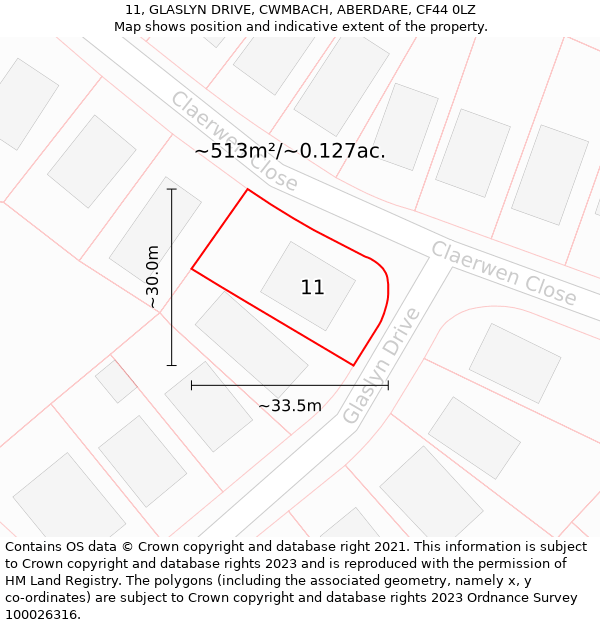 11, GLASLYN DRIVE, CWMBACH, ABERDARE, CF44 0LZ: Plot and title map