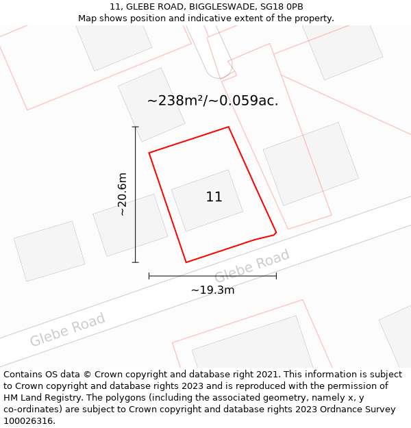 11, GLEBE ROAD, BIGGLESWADE, SG18 0PB: Plot and title map