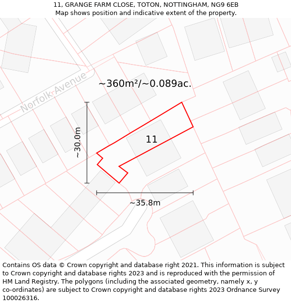 11, GRANGE FARM CLOSE, TOTON, NOTTINGHAM, NG9 6EB: Plot and title map