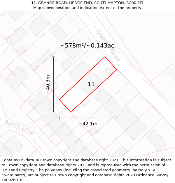 11, GRANGE ROAD, HEDGE END, SOUTHAMPTON, SO30 2FL: Plot and title map