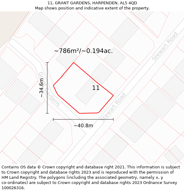 11, GRANT GARDENS, HARPENDEN, AL5 4QD: Plot and title map