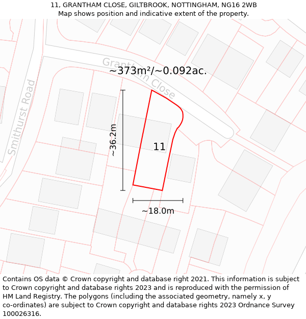 11, GRANTHAM CLOSE, GILTBROOK, NOTTINGHAM, NG16 2WB: Plot and title map