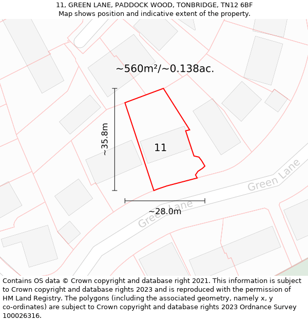 11, GREEN LANE, PADDOCK WOOD, TONBRIDGE, TN12 6BF: Plot and title map