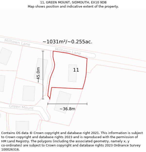 11, GREEN MOUNT, SIDMOUTH, EX10 9DB: Plot and title map