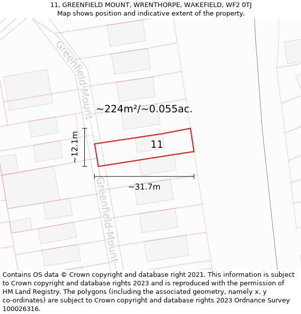 11, GREENFIELD MOUNT, WRENTHORPE, WAKEFIELD, WF2 0TJ: Plot and title map