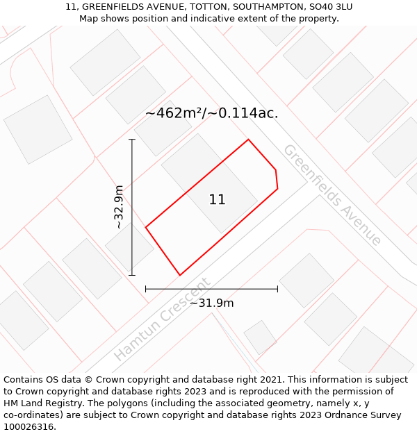 11, GREENFIELDS AVENUE, TOTTON, SOUTHAMPTON, SO40 3LU: Plot and title map