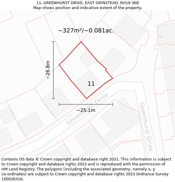 11, GREENHURST DRIVE, EAST GRINSTEAD, RH19 3NE: Plot and title map