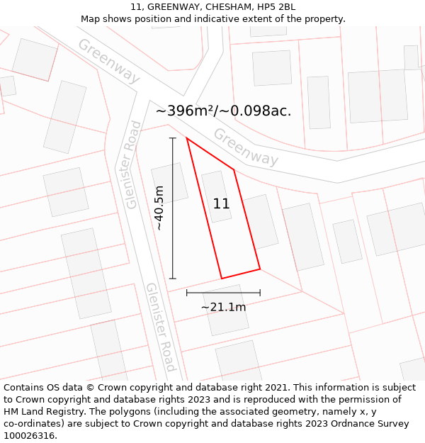 11, GREENWAY, CHESHAM, HP5 2BL: Plot and title map