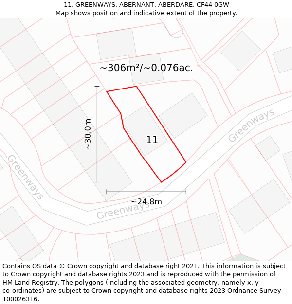 11, GREENWAYS, ABERNANT, ABERDARE, CF44 0GW: Plot and title map