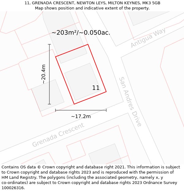 11, GRENADA CRESCENT, NEWTON LEYS, MILTON KEYNES, MK3 5GB: Plot and title map