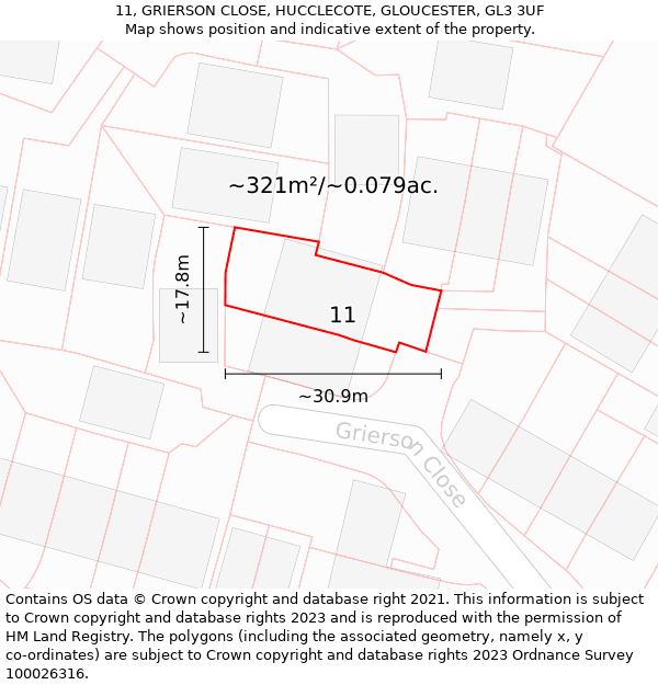 11, GRIERSON CLOSE, HUCCLECOTE, GLOUCESTER, GL3 3UF: Plot and title map
