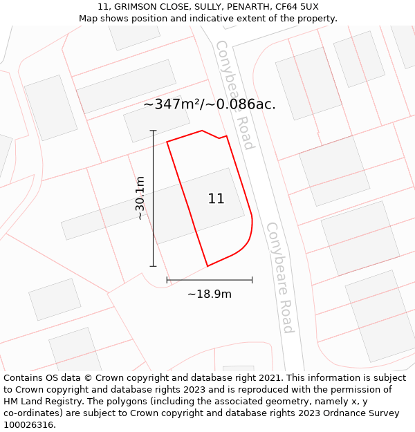 11, GRIMSON CLOSE, SULLY, PENARTH, CF64 5UX: Plot and title map