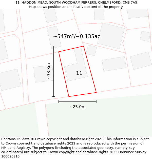 11, HADDON MEAD, SOUTH WOODHAM FERRERS, CHELMSFORD, CM3 7AS: Plot and title map