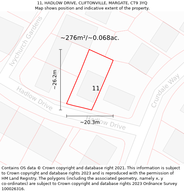 11, HADLOW DRIVE, CLIFTONVILLE, MARGATE, CT9 3YQ: Plot and title map