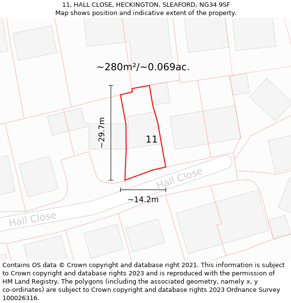 11, HALL CLOSE, HECKINGTON, SLEAFORD, NG34 9SF: Plot and title map