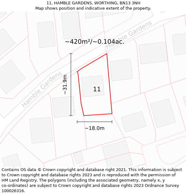 11, HAMBLE GARDENS, WORTHING, BN13 3NH: Plot and title map