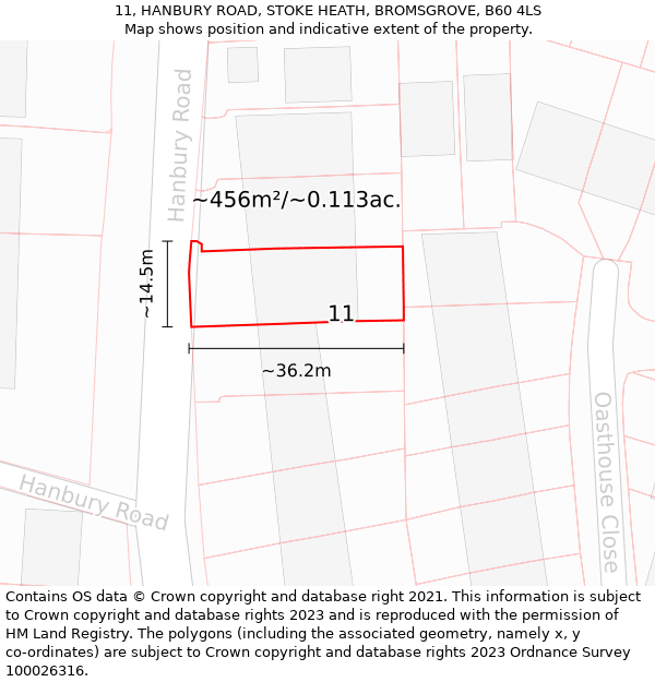 11, HANBURY ROAD, STOKE HEATH, BROMSGROVE, B60 4LS: Plot and title map