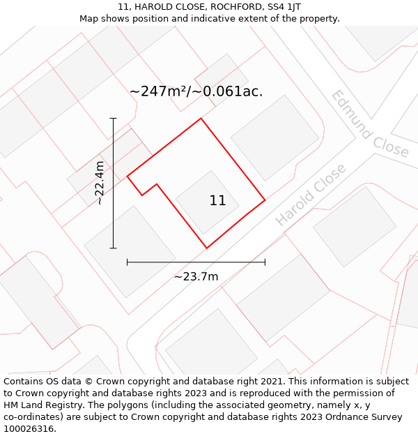 11, HAROLD CLOSE, ROCHFORD, SS4 1JT: Plot and title map