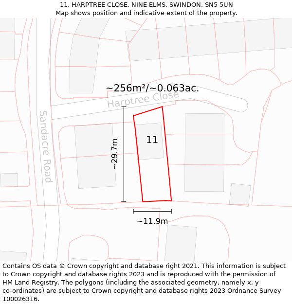 11, HARPTREE CLOSE, NINE ELMS, SWINDON, SN5 5UN: Plot and title map