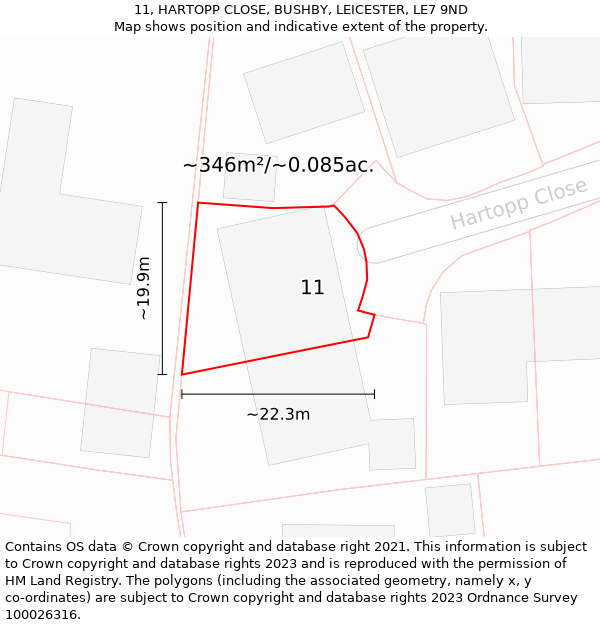 11, HARTOPP CLOSE, BUSHBY, LEICESTER, LE7 9ND: Plot and title map