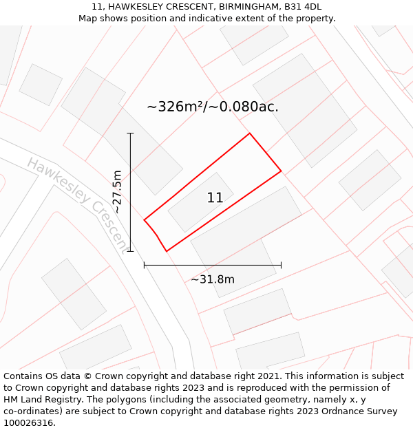 11, HAWKESLEY CRESCENT, BIRMINGHAM, B31 4DL: Plot and title map