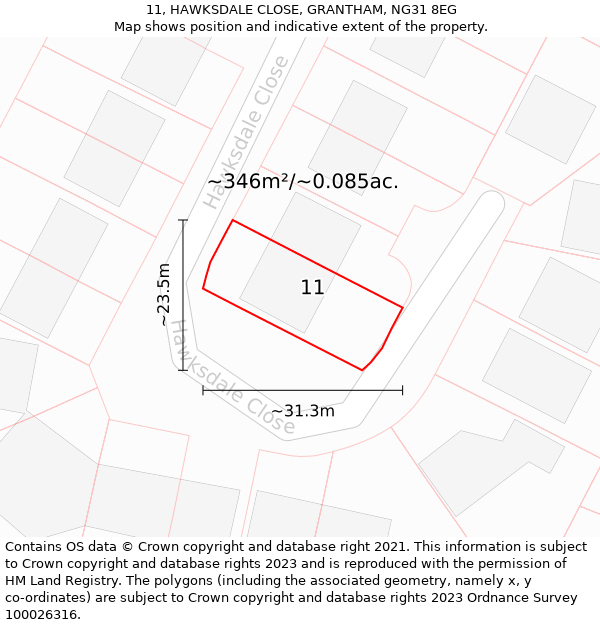 11, HAWKSDALE CLOSE, GRANTHAM, NG31 8EG: Plot and title map