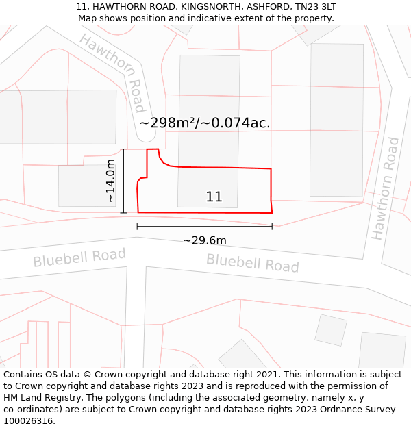 11, HAWTHORN ROAD, KINGSNORTH, ASHFORD, TN23 3LT: Plot and title map