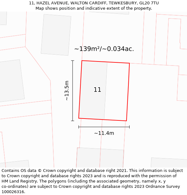 11, HAZEL AVENUE, WALTON CARDIFF, TEWKESBURY, GL20 7TU: Plot and title map