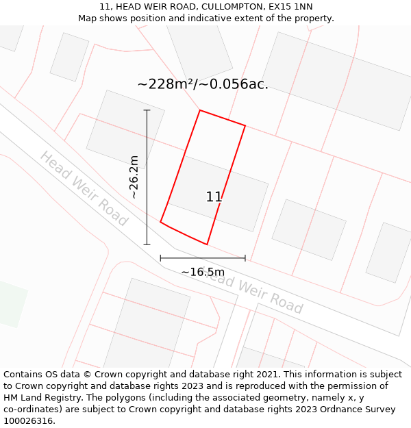 11, HEAD WEIR ROAD, CULLOMPTON, EX15 1NN: Plot and title map