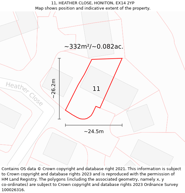 11, HEATHER CLOSE, HONITON, EX14 2YP: Plot and title map