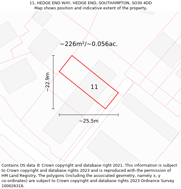 11, HEDGE END WAY, HEDGE END, SOUTHAMPTON, SO30 4DD: Plot and title map