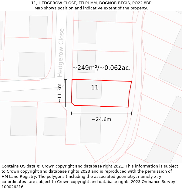 11, HEDGEROW CLOSE, FELPHAM, BOGNOR REGIS, PO22 8BP: Plot and title map