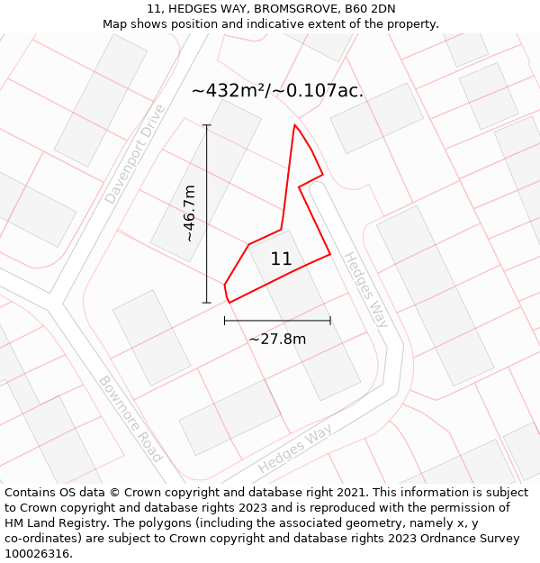 11, HEDGES WAY, BROMSGROVE, B60 2DN: Plot and title map