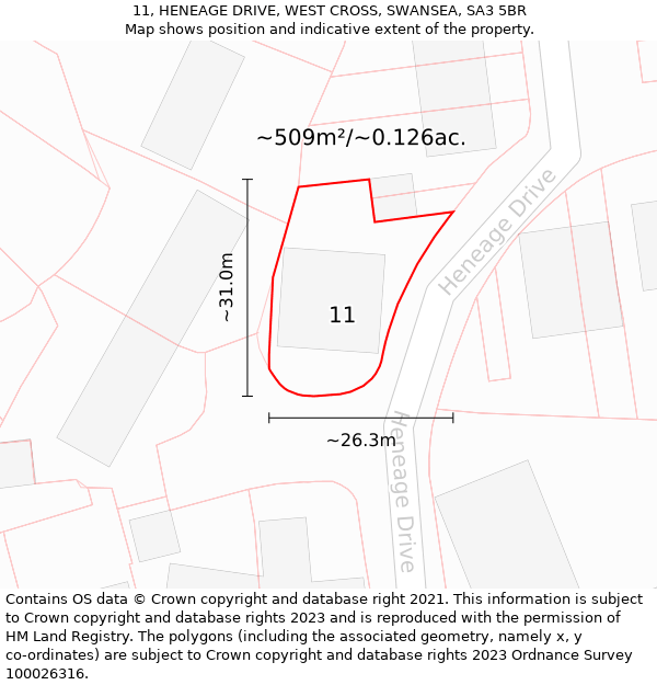 11, HENEAGE DRIVE, WEST CROSS, SWANSEA, SA3 5BR: Plot and title map