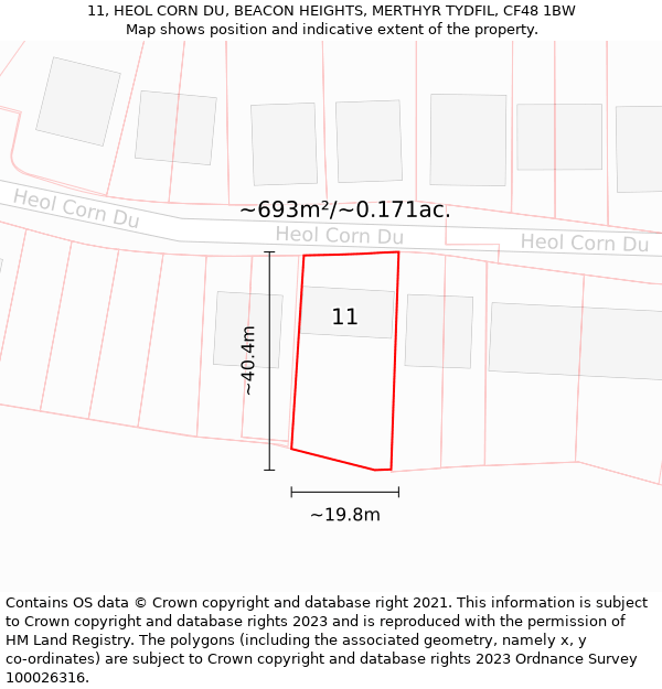 11, HEOL CORN DU, BEACON HEIGHTS, MERTHYR TYDFIL, CF48 1BW: Plot and title map