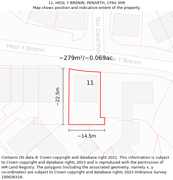 11, HEOL Y BRENIN, PENARTH, CF64 3HR: Plot and title map