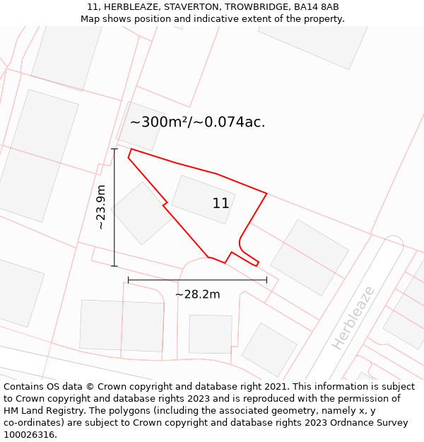 11, HERBLEAZE, STAVERTON, TROWBRIDGE, BA14 8AB: Plot and title map