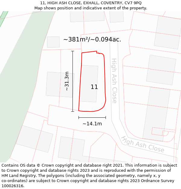 11, HIGH ASH CLOSE, EXHALL, COVENTRY, CV7 9PQ: Plot and title map