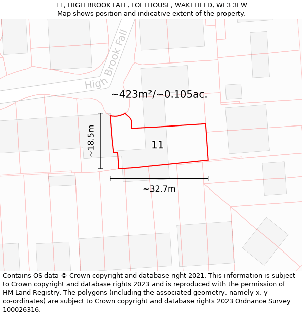 11, HIGH BROOK FALL, LOFTHOUSE, WAKEFIELD, WF3 3EW: Plot and title map