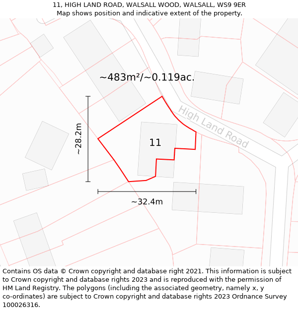 11, HIGH LAND ROAD, WALSALL WOOD, WALSALL, WS9 9ER: Plot and title map