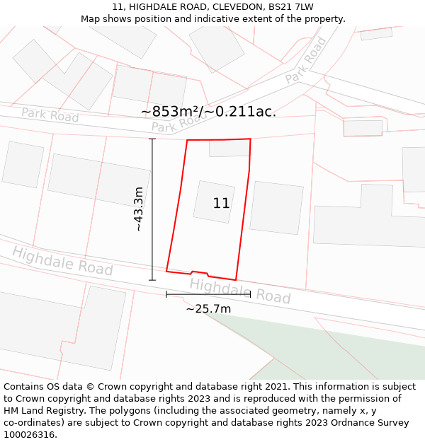 11, HIGHDALE ROAD, CLEVEDON, BS21 7LW: Plot and title map